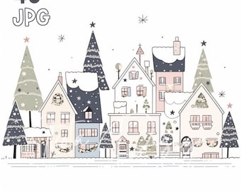 Christmas Village Clipart - 40 High Quality JPG - Digital Planner, Junk Journaling, Simple Lines, Wall Art, Commercial Use, Digital Download