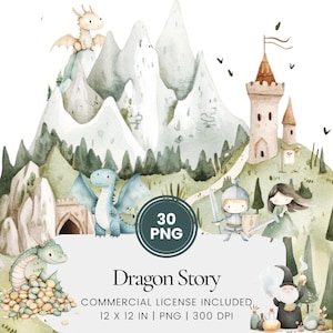 A Dragon & Knight Story Clipart - 30 PNG - Digital Planner, Junk Journaling, Wall Art, Commercial Use, Sublimation, Scrapbooking, Cards, Mug