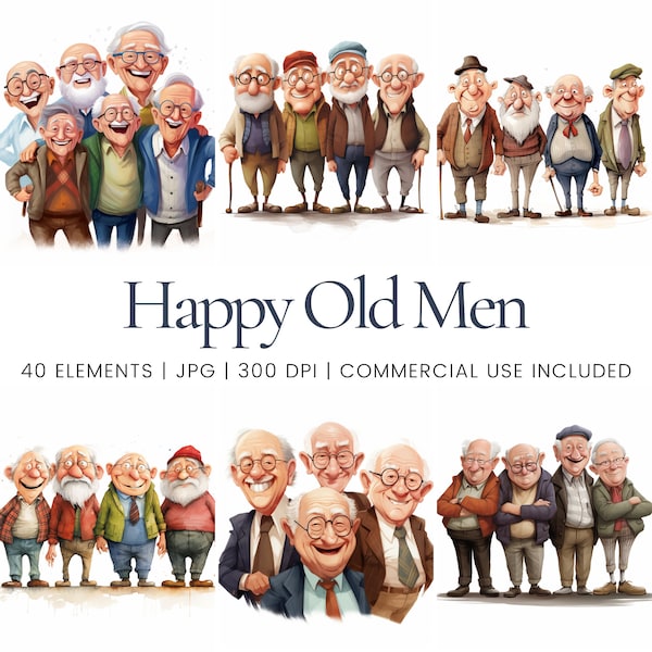 Happy Old Men Clipart - 40 High Quality JPG - Digital Planner, Junk Journaling, Watercolor, Wall Art, Commercial Use, Digital Download, Mugs