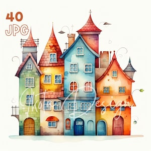 Eigenzinnige huizen clipart-40 hoge kwaliteit JPG-digitale planner, junk journaling, aquarel, commercieel gebruik, digitale download, kunst aan de muur, mokken