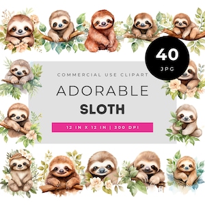 Adorable Sloth Clipart Bundle, Cute Jungle Animal Watercolor PNG Set, Baby Sloth Nursery Decor, Tropical Leaves Art Commercial Use