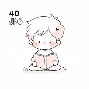 Kleine jongen lezen clipart-40 hoge kwaliteit JPG's-digitale planner, junk journaling, kunst aan de muur, eenvoudige lijnen, commercieel gebruik, digitaal, mokken