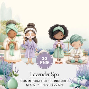 Puede incluir: Ilustración en acuarela de cuatro personajes con temática de spa con batas y cintas para la cabeza. Los personajes están en varias poses, sosteniendo objetos como una taza y una mascarilla facial. Incluye el texto "Lavender Spa" y "30 PNG".