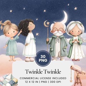 Twinkle Twinkle Little Star kinderkamer clipart, pastel aquarel baby maan ster PNG, bedtijd kinderkunst afdrukbare bundel, hemelse elementen