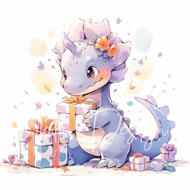 Puede incluir: Un dinosaurio morado y azul con una corona de flores rosas sostiene una caja de regalo amarilla y blanca. El dinosaurio est&aacute; rodeado de cajas de regalo coloridas y confeti.