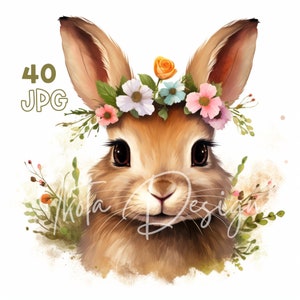 Pacote de clipart em aquarela com guirlanda de flores de coelho, gráficos de círculo de flores de coelho da floresta para decoração de chá de bebê na primavera, impressão de parede de berçário