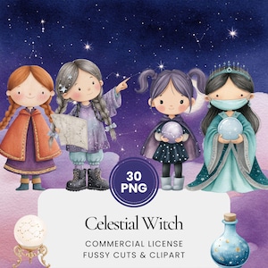 Puede incluir: Ilustración en acuarela de cuatro personajes de brujas celestiales con un fondo de noche estrellada. Cada bruja está vestida con atuendos únicos, sosteniendo una bola de cristal, un mapa o usando una mascarilla. La imagen incluye una botella con estrellas y el texto "Celestial Witch".