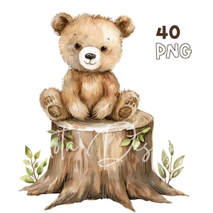 Ours sur une souche Clipart - 40 PNG de haute qualité - Planificateur numérique, Junk Journaling, Aquarelle, Art mural, Utilisation commerciale, Téléchargement numérique