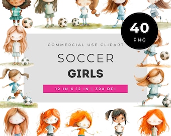 Fußballmädchen-Clipart, Aquarell-Fußballspielerin (PNG), süßes Kinder-Sportteam, Kinderzimmerdeko für Geburtstagsfeiern, Sublimationsdruck, kommerzielle Nutzung