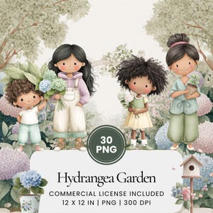 Clipart de jardim de hortênsias, garotas botânicas em aquarela pastel PNG, conjunto de ilustrações de jardinagem cottagecore, gráficos de personagens florais suaves