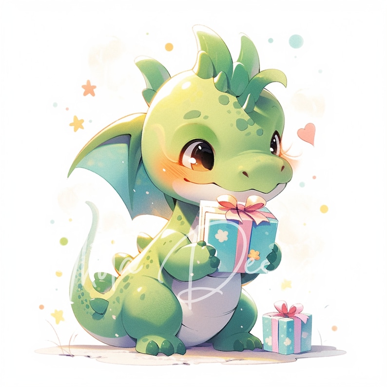 Puede incluir: Un drag&oacute;n verde con un rubor rosado sostiene una caja de regalo azul claro y rosa con un lazo rosa. El drag&oacute;n tiene un ala azul claro y un coraz&oacute;n rosa flota en el aire.