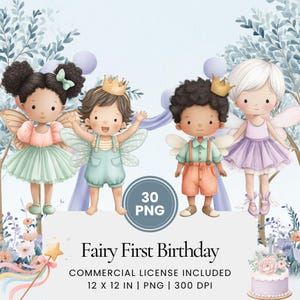 Puede incluir: Ilustración en acuarela con cuatro personajes de hadas con alas, coronas y atuendos en colores pastel. La imagen incluye el texto "Fairy First Birthday" y "30 PNG". La imagen mide 30,48 x 30,48 cm.