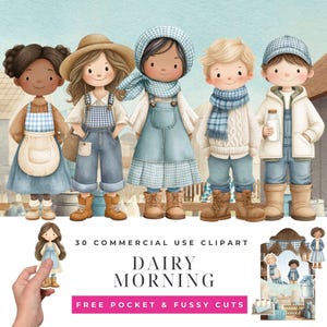 Puede incluir: Ilustración en acuarela con cinco figuras de dibujos animados vestidas con atuendos temáticos de granja. Las figuras incluyen una niña con un delantal azul, una niña con overoles, una niña con un gorro, un niño con un suéter y un niño con overoles sosteniendo una botella de leche. Se muestra el texto "DAIRY MORNING".