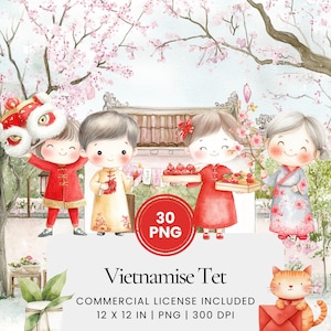 Vietnamien Tet Clipart - 30 PNG - Planificateur numérique, Junk Journaling, Wall Art, Utilisation commerciale, Sublimation, Scrapbooking, Cartes, Tasses, Scène