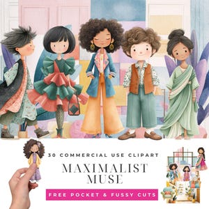 Puede incluir: Ilustración en acuarela de cinco figuras con atuendos elegantes. La imagen incluye el texto "30 Commercial Use Clipart" y "Maximalist Muse". Una mano sostiene un pequeño recorte de una figura. También se incluyen ilustraciones pequeñas adicionales.