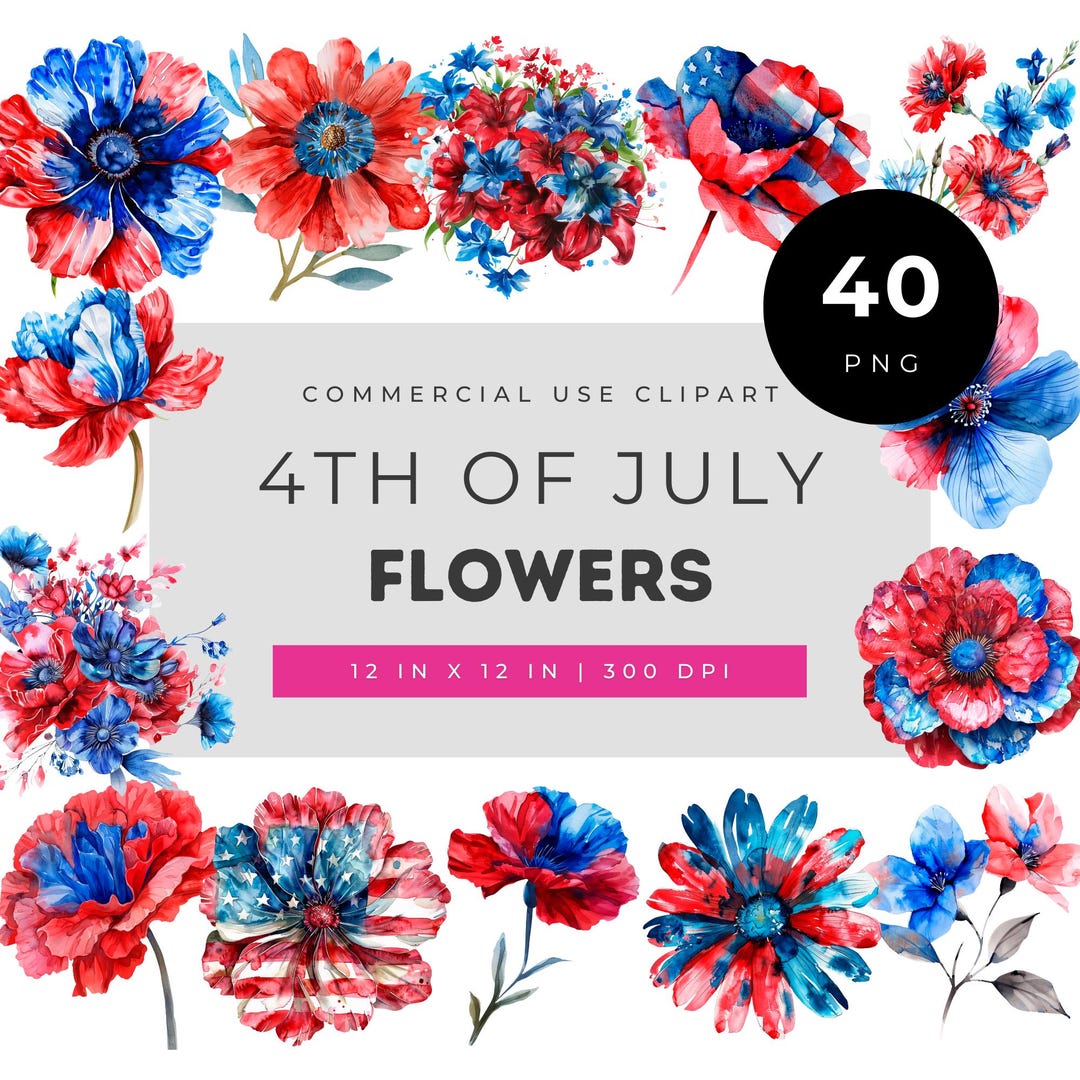 4th of July Flowers Clipart Bundle, Patriotic Watercolor Floral Set for ...