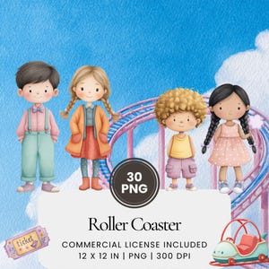 May include: A digital illustration featuring four cartoon children in colorful outfits, standing in front of a roller coaster. The image includes a ticket, a roller coaster car, and text that reads "Roller Coaster" and "12 x 12 in".