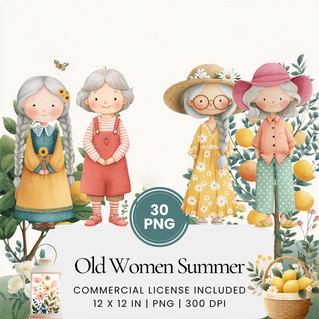 Watercolor Old Women Summer Clipart, Funny Elderly Ladies PNG Bundle ...