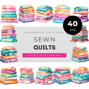Sewn Quilts Clipart Bundle, Folded Quilt Illustration Set for Crafts and Scrapbooking, Cozy Fabric Blanket Clip Art Pack for DIY Projects