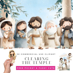 Puede incluir: Conjunto de imágenes prediseñadas de acuarela con seis figuras de dibujos animados con vestimenta religiosa. Las figuras incluyen un hombre con barba, una mujer con un vestido azul y un hombre mayor con barba blanca. El texto "Clearing the Temple" está visible.
