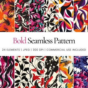 Puede incluir: Un conjunto de 24 patrones audaces y sin costuras que presentan varios diseños florales y abstractos en colores vibrantes como rojo, naranja, rosa, azul y negro. Los patrones son perfectos para crear fondos únicos, textiles y otros proyectos creativos.