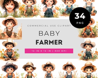 Baby farmer clipart set, cute farm boy illustrations, toddler farmer png bundle, kids farm art for crafts, country baby graphics commercial