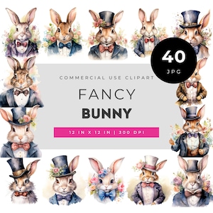 Fancy Bunny Clipart JPG, Victorian Rabbit Portrait Set, Elegant Easter Bunny with Bow Tie and Top Hat Illustration Pack