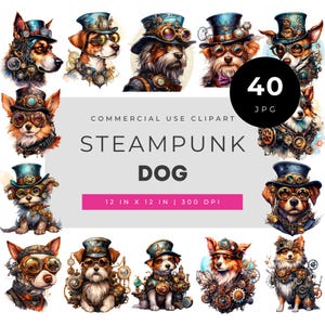 Steampunk Dog Watercolor Clipart Set with Vintage Mechanical Dogs Wearing Goggles Gears and Top Hats in Fantasy Style