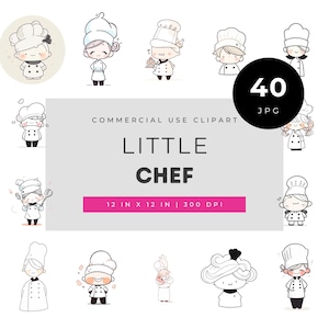 Little chef clipart set for kids cooking crafts, cute child baker illustrations for planners and stickers, kawaii kitchen character art pack