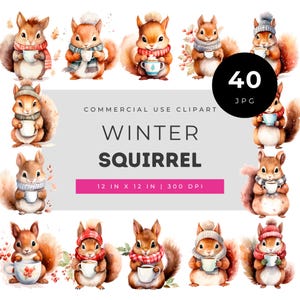 Winter squirrel watercolor clipart, cozy squirrel illustration, woodland winter animal art, cute squirrel holding mug, hygge forest artwork