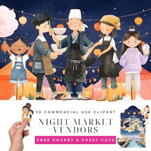 Puede incluir: Ilustración de vendedores de mercados nocturnos con figuras de dibujos animados. La escena incluye figuras sosteniendo algodón de azúcar, cuencos y té de burbujas. El texto dice "Night Market Vendors" y "Free Pocket & Fussy Cuts."