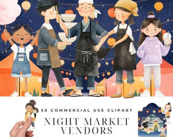 Night Market Vendors Clipart Bundle, Watercolor Asian Street Food Illustrations, Lantern Noodle Stall PNG, Hawker Centre Characters Designs