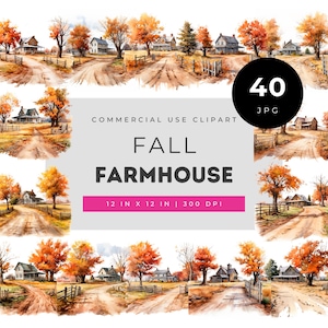 Fall Farmhouse Clipart, Watercolor Rustic Farm Scenes JPG, Autumn Country Landscape Illustrations, 40 JPG, Cozy Rural Art, Commercial Use