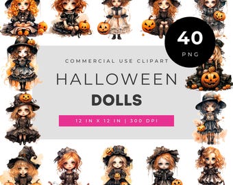 Halloween Doll Clipart PNG, Cute Spooky Witch Dolls with Pumpkins, Gothic Halloween Girls Watercolor, Halloween Stickers, Commercial Use