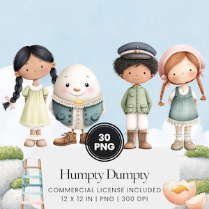 Humpty Dumpty Clipart Kinderliedje PNG Bundel, Pastel Waterverf Kinderverhaal Grafische, Sprookjesachtige Muurdecoratie, Babyshower Downloadpakket