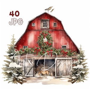 クリスマス納屋クリップアート - 40 高品質 JPG - デジタル プランナー、ジャンク ジャーナリング、水彩、商用利用、デジタル ダウンロード、アパレル、マグカップ