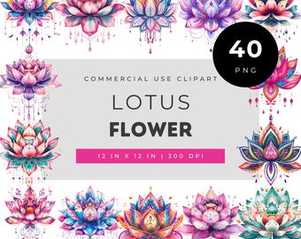 Watercolor lotus flower clipart bundle with vibrant boho mandala petals for spiritual art yoga designs scrapbooking crafts and DIY projects