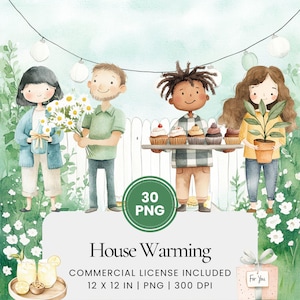 Pacote de clipart em aquarela para inauguração de casa, conjunto de PNG para o dia da mudança, ilustrações para casa nova, decoração para convidados de festa, presentes com comida, imprimíveis para a casa faça você mesmo