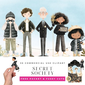 Secret Society Clipart Bundle, Watercolor Spy Mystery Illustrations, Elegant Coded Letter Wax Seal Secret Agent Characters Digital Download