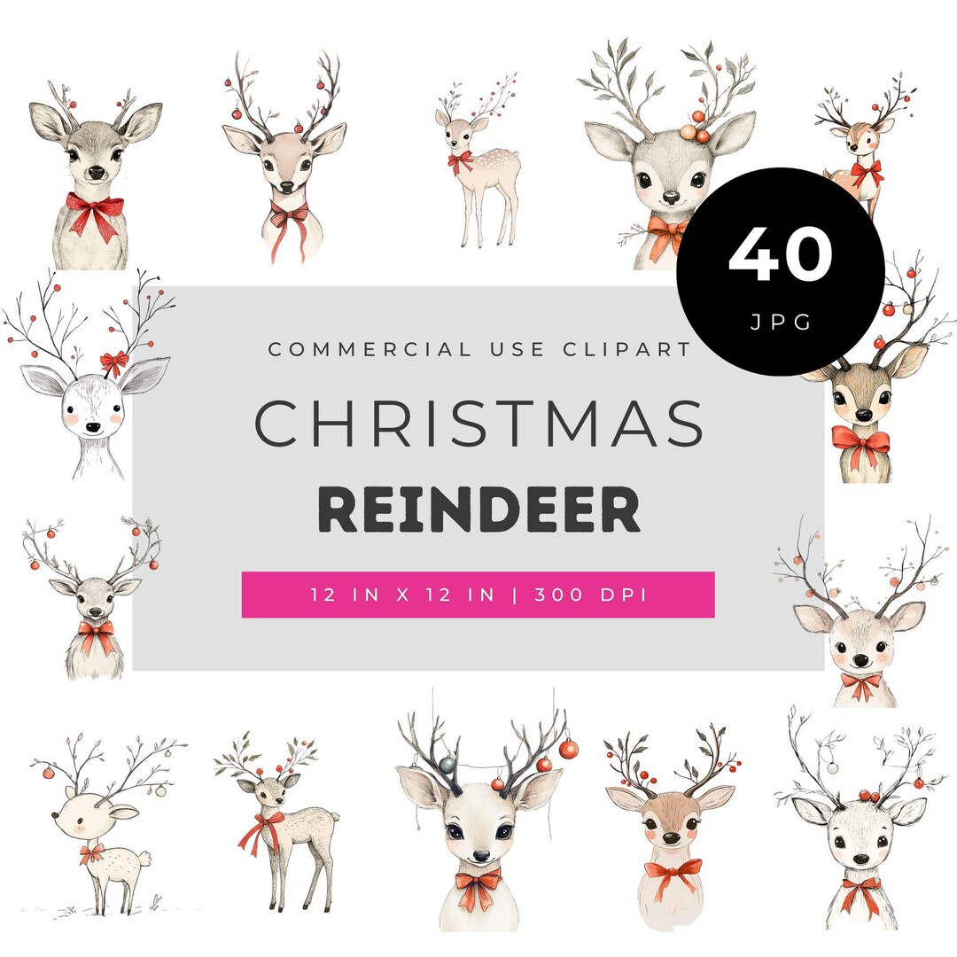 Christmas Reindeer Clipart, Elegant Watercolor Deer With Red Bows and ...