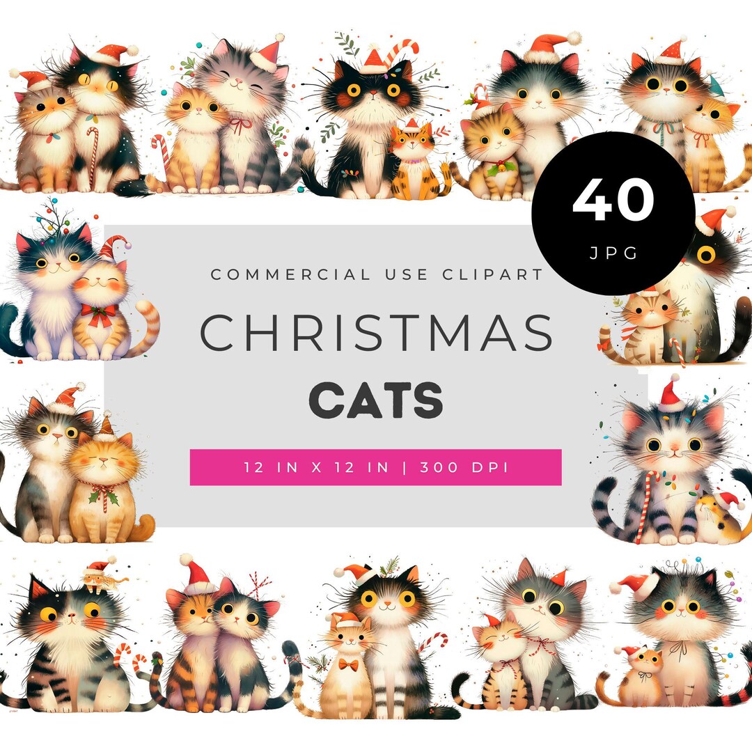 Christmas Cats Clipart Bundle, Cute Watercolor Kittens Wearing Santa ...