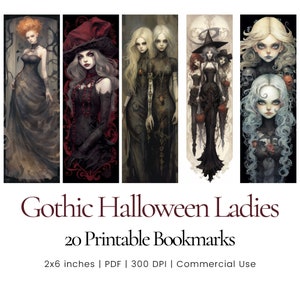 Creepy Gothic Halloween Women Bookmark, Illustrated Watercolor Style, Detailed Shading, Ornate Character Design