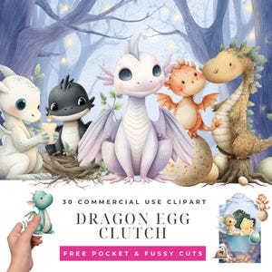Puede incluir: Una ilustración digital caprichosa con varios adorables dragones bebés en varios colores. La imagen incluye el texto "30 Commercial Use Clipart" y "Dragon Egg Clutch". El fondo es una escena de bosque suave y soñadora.