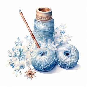 Puede incluir: Bolas de hilo azul y un carrete de hilo con una bobina de madera, rodeadas de copos de nieve blancos.