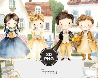 Emma Clipart, Watercolor Jane Austen PNG, Regency Era Characters Village, Vintage Bookish Book Lover Art, Junk Journal, Commercial Use