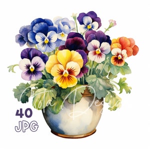 Pot van viooltjes clipart-40 hoge kwaliteit JPG-digitale planner, junk journaling, aquarel, kunst aan de muur, commercieel gebruik, digitale download, mok