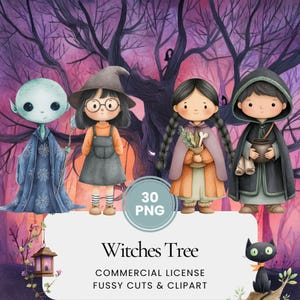 May include: Digital illustration featuring four whimsical characters: an alien, a witch with glasses, a girl with braids, and a hooded figure. The image includes the text "Witches Tree" and "30 PNG" against a purple and black tree background.