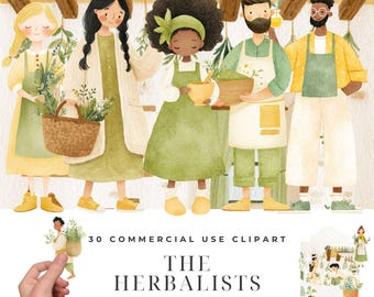 The Herbalists Clipart Bundle, Watercolor Herbalist PNG, Herb Gatherer Apothecary Clipart, Cottagecore Wellness Herbal Healer Download