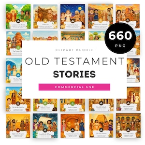 May include: A collection of colorful Old Testament Stories clipart images. The images include illustrations of biblical scenes such as Noah's Ark, The Tower of Babel, and Jonah and the Whale. The text "OLD TESTAMENT STORIES" is displayed.