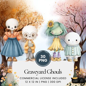 May include: Watercolor illustration featuring four whimsical characters: a skeleton in a dress, a skeleton with glasses, a green-skinned girl with a sunflower, and a white-bodied figure. The image includes the text "Graveyard Ghouls" and "30 PNG".